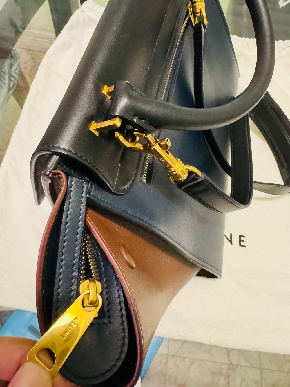 Celine Black and Brown Leather Top-Handle Satchel with Gold Hardware - Picture 4 of 8